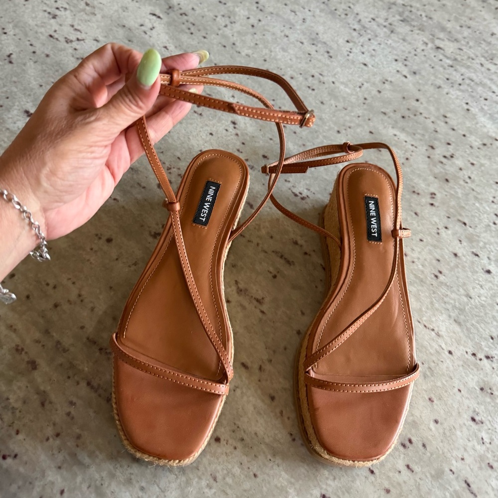 Nine West Cognac Strappy Wedge Sandals with Ankle Tie